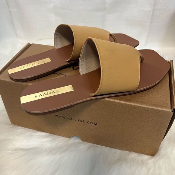 Kaanas Shoes - Kaanas Maria Camel Leather Slide Sandals